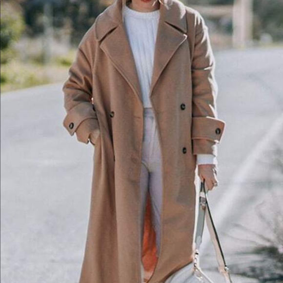 Camel double breasted trench long peacoat jacket - Picture 6 of 7